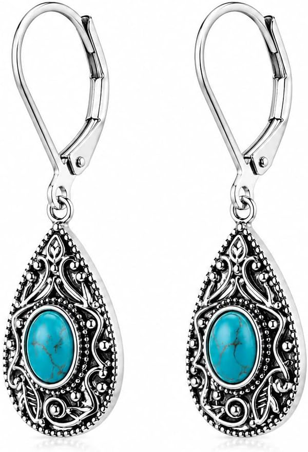 Handcrafted 925 Silver Natural Turquoise Drop Earrings for Women