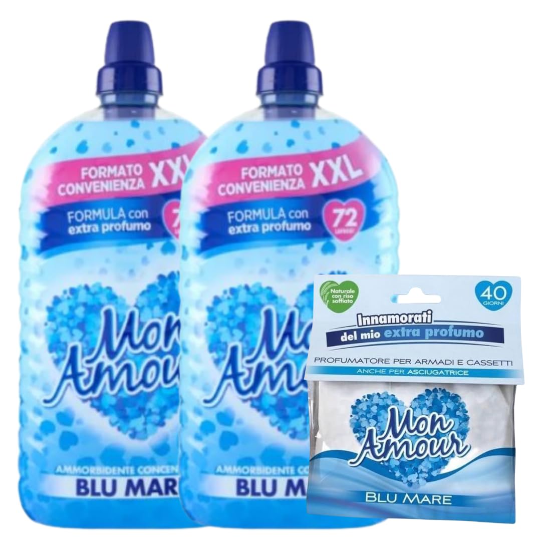 Mon Amour Ammorbidente Concentrato Blu Mare 72 Lavaggi x2 + Profuma Biancheria Omaggio – Extra Profumo, Lunga Durata, Per Lavatrice e Asciugatrice, Formato Convenienza
