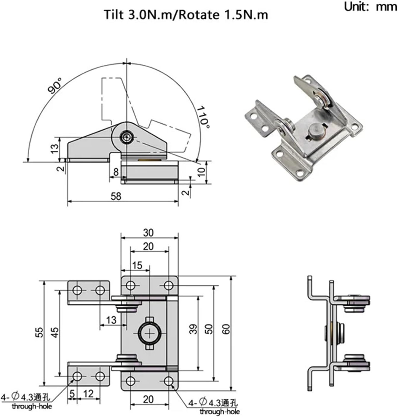 360 ° Rotation with Free Stop and Tilt Hinge, Suitable for and Equipment Stainless Steel Dual Axis Damping Hinge 1Pcs