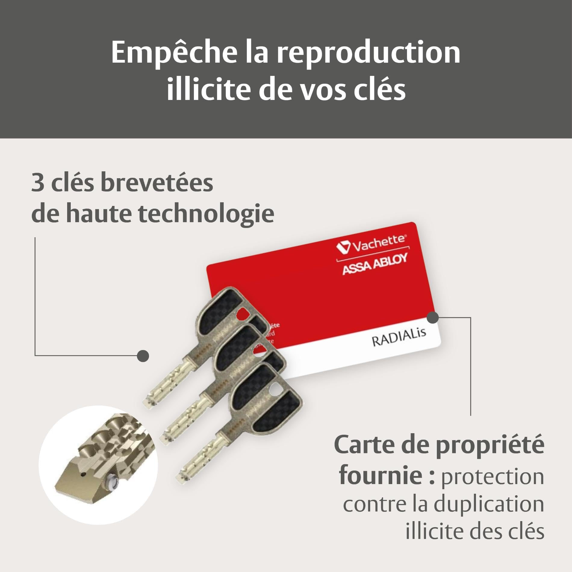 Vachette RADIALis - Cylindre de Serrure à Bouton 32,5x32,5mm, Sécurité Maximale - Anti perçage, bumping, crochetage, casse - Porte extérieure, porte d'entrée - 3 Clés Incopiables, Carte de Propriété