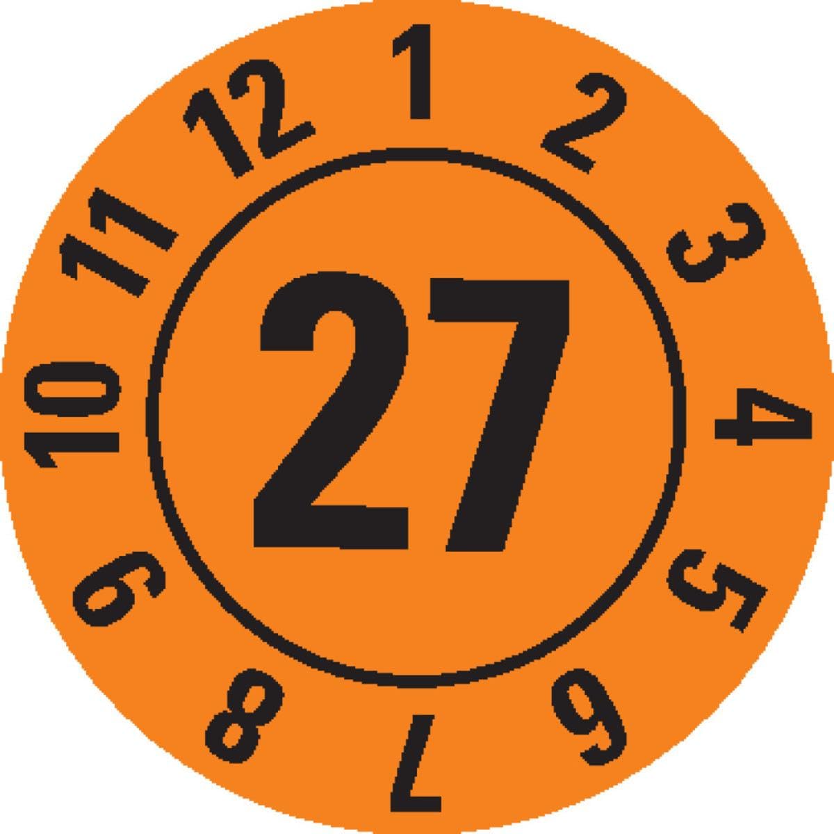 Prüfplakette 27, orange, Dokumentenfolie, Spezialkleber, Ø 10mm, 128/Bogen