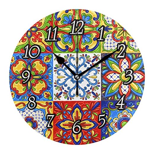 Mexican Talavera Ceramic Tile Ethnic Folk Ornament Italian Pottery Wall Clock, Silent Non-Ticking Easy to Read Round Decorative Wall Clock with Black Hands for Home Office School 9.5" in Diameter