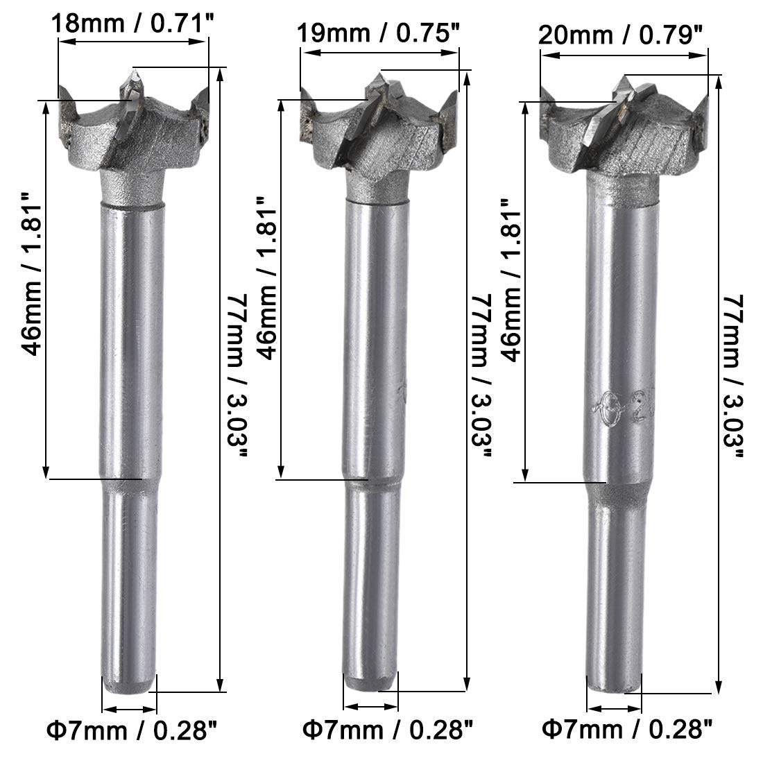 uxcell Forstner Wood Boring Drill Bits 18mm 19mm 20mm Dia. Hole Saw Carbide Alloy Steel Tip Round Shank Cutting for Hinge Plywood Wood Tool 3in1 Set