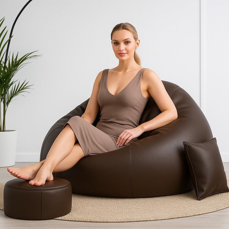 Image of Biggie Bean Bag with Beans Filled 4XL Comfort Fusion Bean Sofa-Designed for Relaxation-Finished with Stylish Appeal with Free Cushion & Footrest (Matching Color : Leatherette Brown)