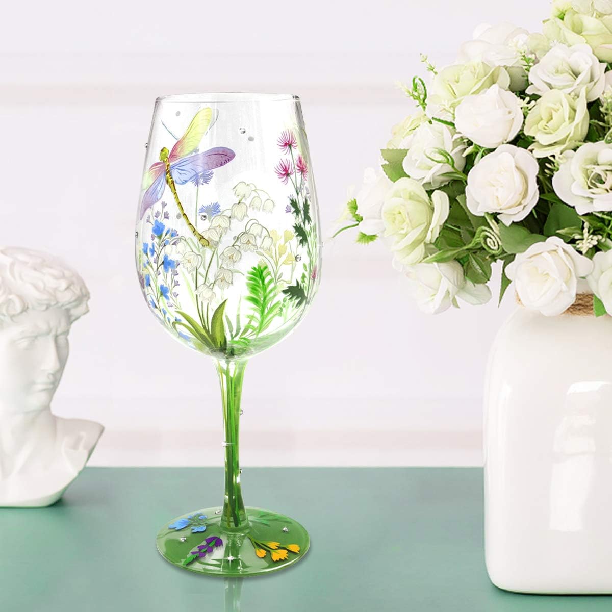NymphFable Hand Painted Wine Glass Colorful Dragonfly Flower Artisan Painted 15 oz Glass Novelty Gift for Birthdays,Weddings,Valentine's Day - Image 8
