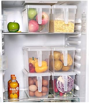 Plastic Storage Containers Square Food Storage Organizer Stackable Refrigerator Organizer Handle Kitchen Containers with Lids for Fruits Vegetables Meat Egg, 4-pack (Green)