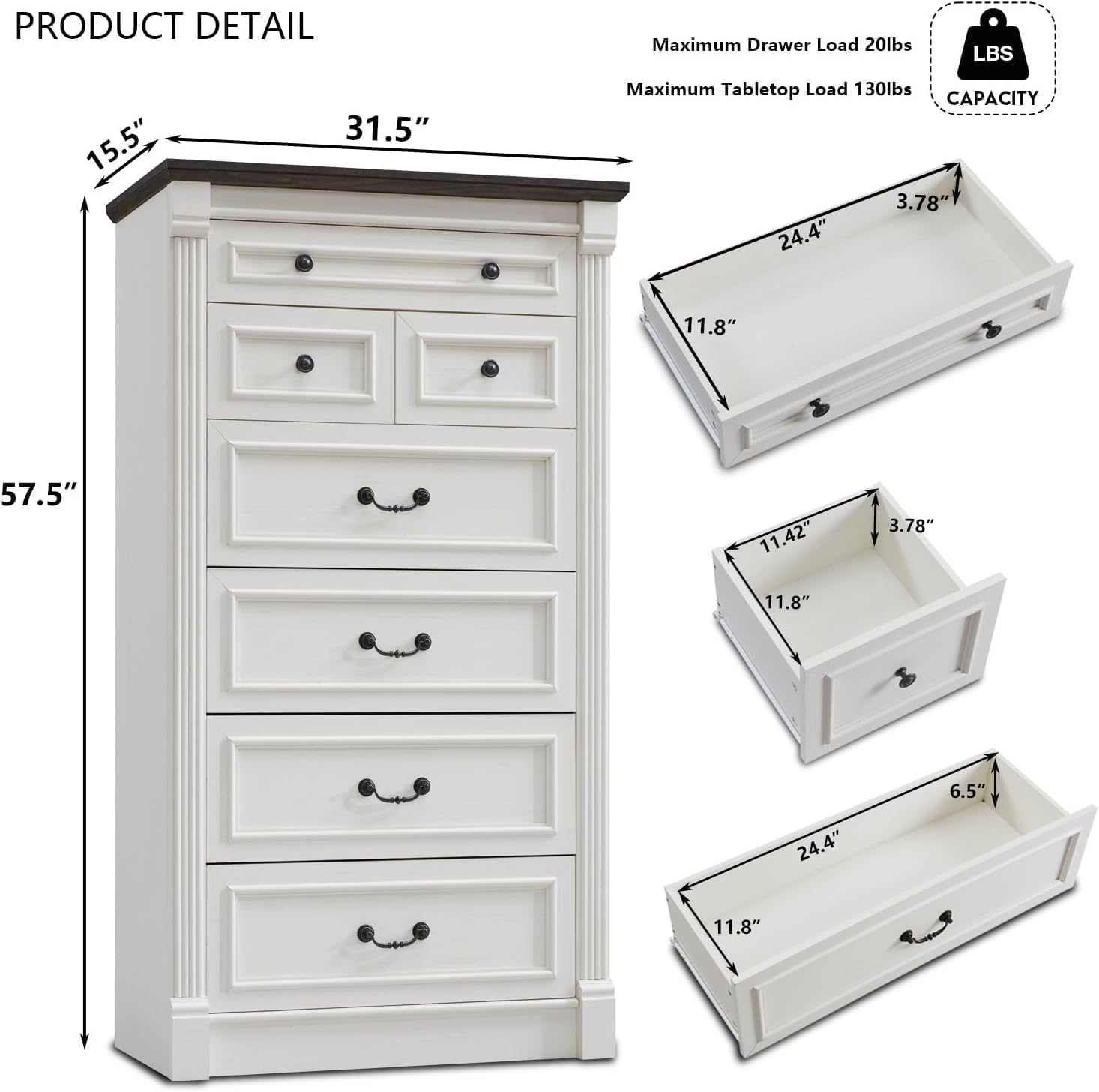 Farmhouse 7 Drawers Dresser for Bedroom, 57" Tall Dressers & Chests of Drawers w/Roman Column, Large Storage Dressers Organizer for Bedroom, Hallway, Living Room, White - Image 2
