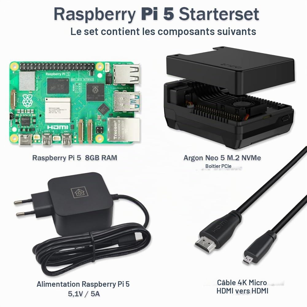 Raspberry Pi 5 Kit professionnel 8 Go | Argon Neo 5 M.2 NVMe PCIe | Bloc d'alimentation USB-C 27 W | Câble Micro HDMI | Raspberry Pi 5 8 Go de RAM