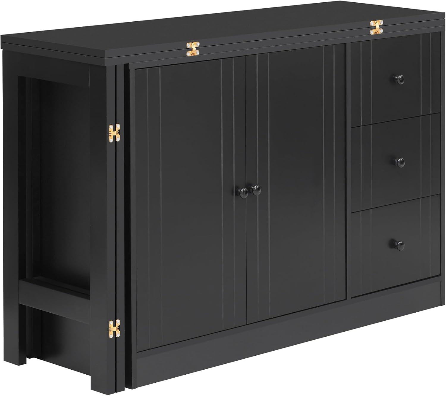 Merax Sideboard Buffet Cabinet with Extendable Table, Wood Versatile Cupboard with 3 Storage Drawers, Suitable for Study, Entrance and Living Room, Black