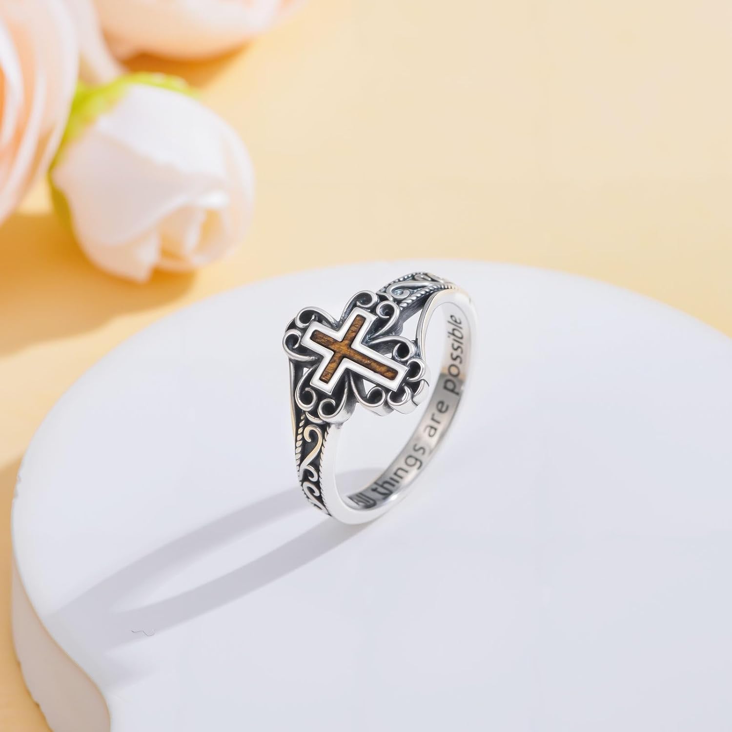Faith Cross Ring for Women 925 Sterling Silver Wood Cross Ring Inspiring Religious Christian Jewelry Gifts (with Gift Box)