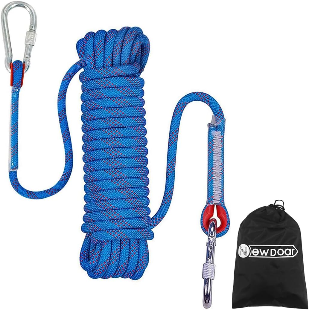 NewDoar Climbing Rope 8(5/16in),10mm (3/8in), High Strength Accessory Cord Rope with 2 Steel Hooks, for Outdoor Rescue Rappelling Rope Down Cliffs ledges Safety Escape Tow Strap Equipment(Blue)