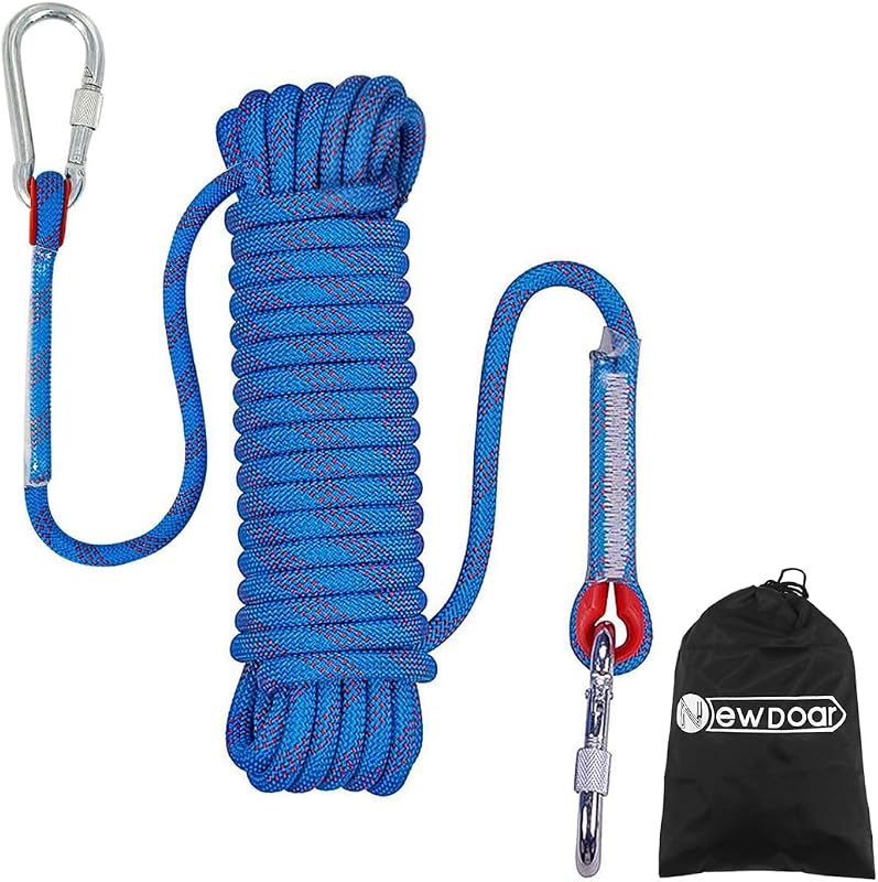 Climbing Rope 8(5/16in),10mm (3/8in), High Strength Accessory Cord Rope with 2 Steel Hooks, for Outdoor Rescue Rappelling Rope Down Cliffs ledges Safety Escape Tow Strap Equipment(Blue)