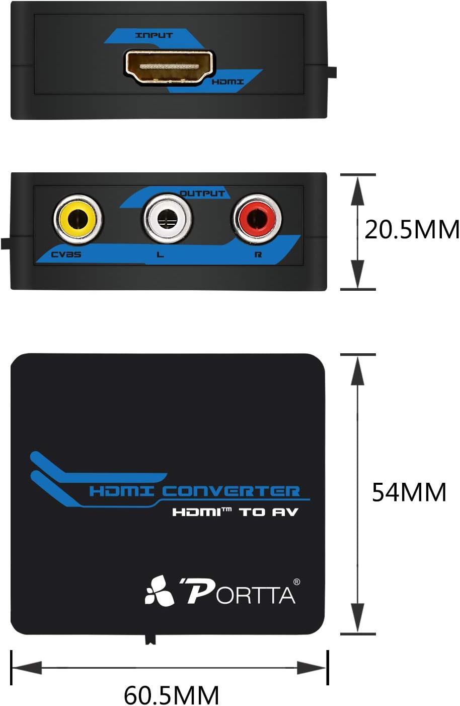 Dimensions of the Portta Mini HDMI to AV Converter, showing measurements of 60.5mm length, 54mm width, and 20.5mm height
