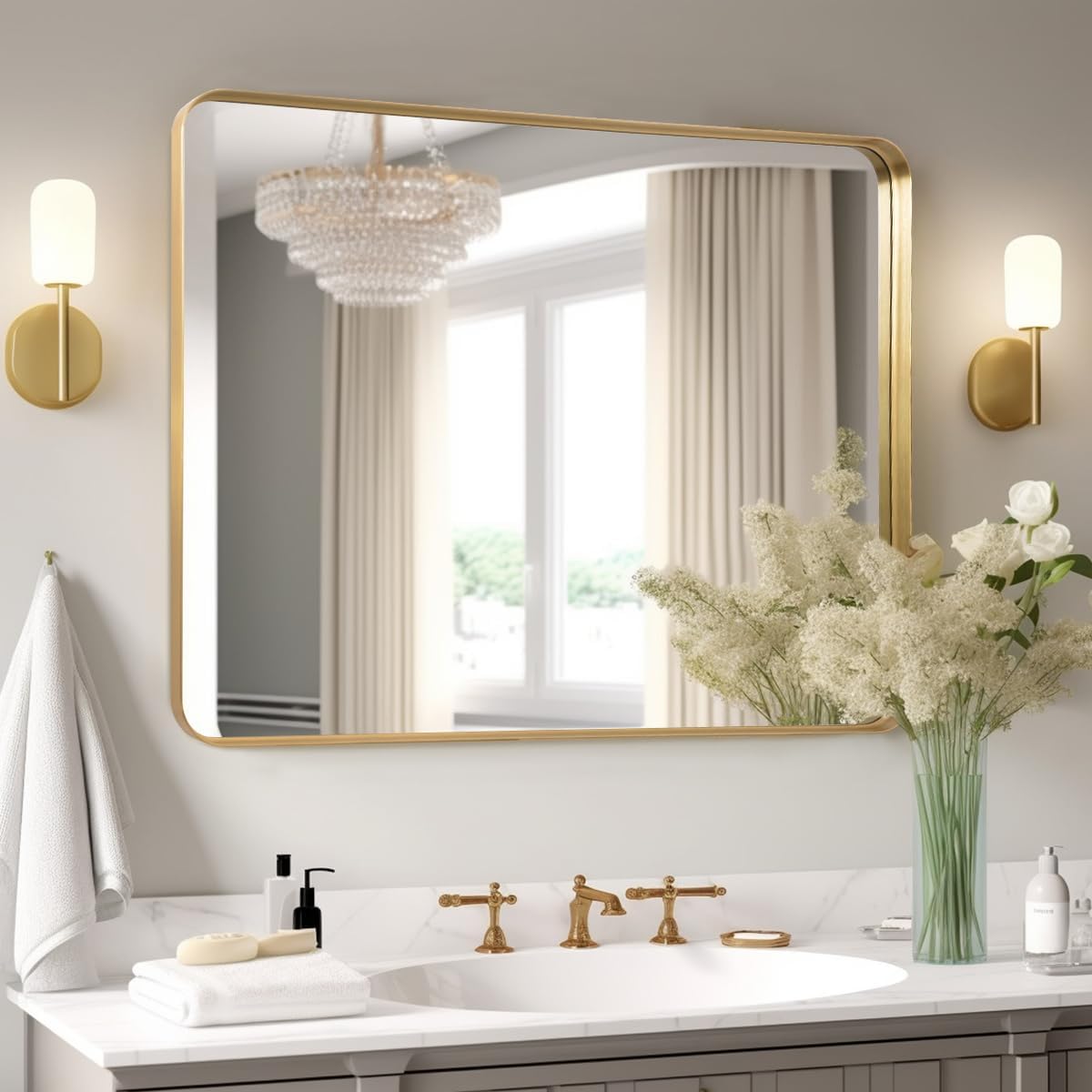 KOMCOTE Gold Bathroom Mirror, Gold Metal Frame Mirror, 20"x30" Gold Bathroom Vanity