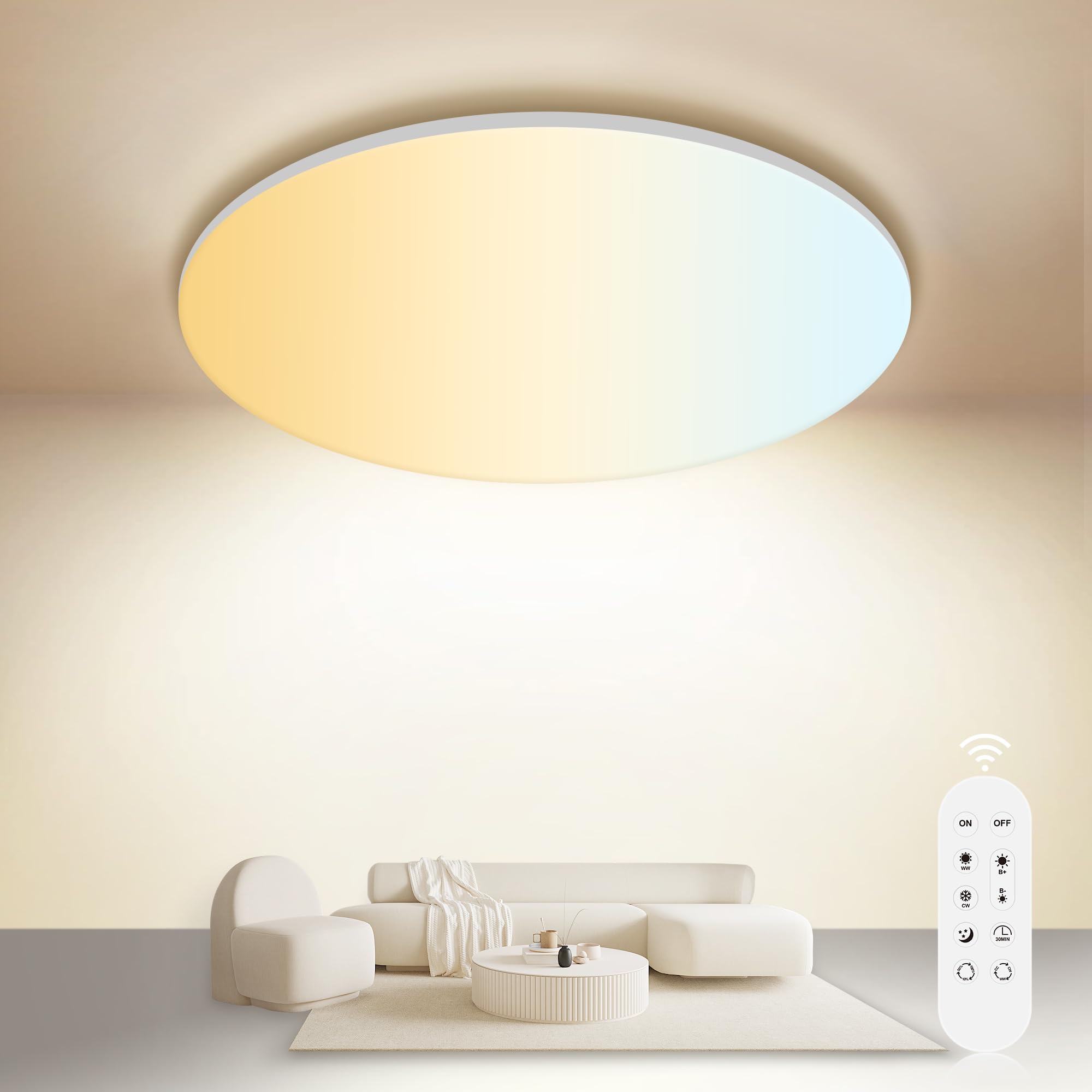 ONDTA LED Deckenleuchte Dimmbar 45W, 2700K-6500K Deckenlampe mit Fernbedienung, IP54 Wasserfest Rund Badezimmer Lampe, 5300LM Memory-funktion LED Panel für Wohnzimmer