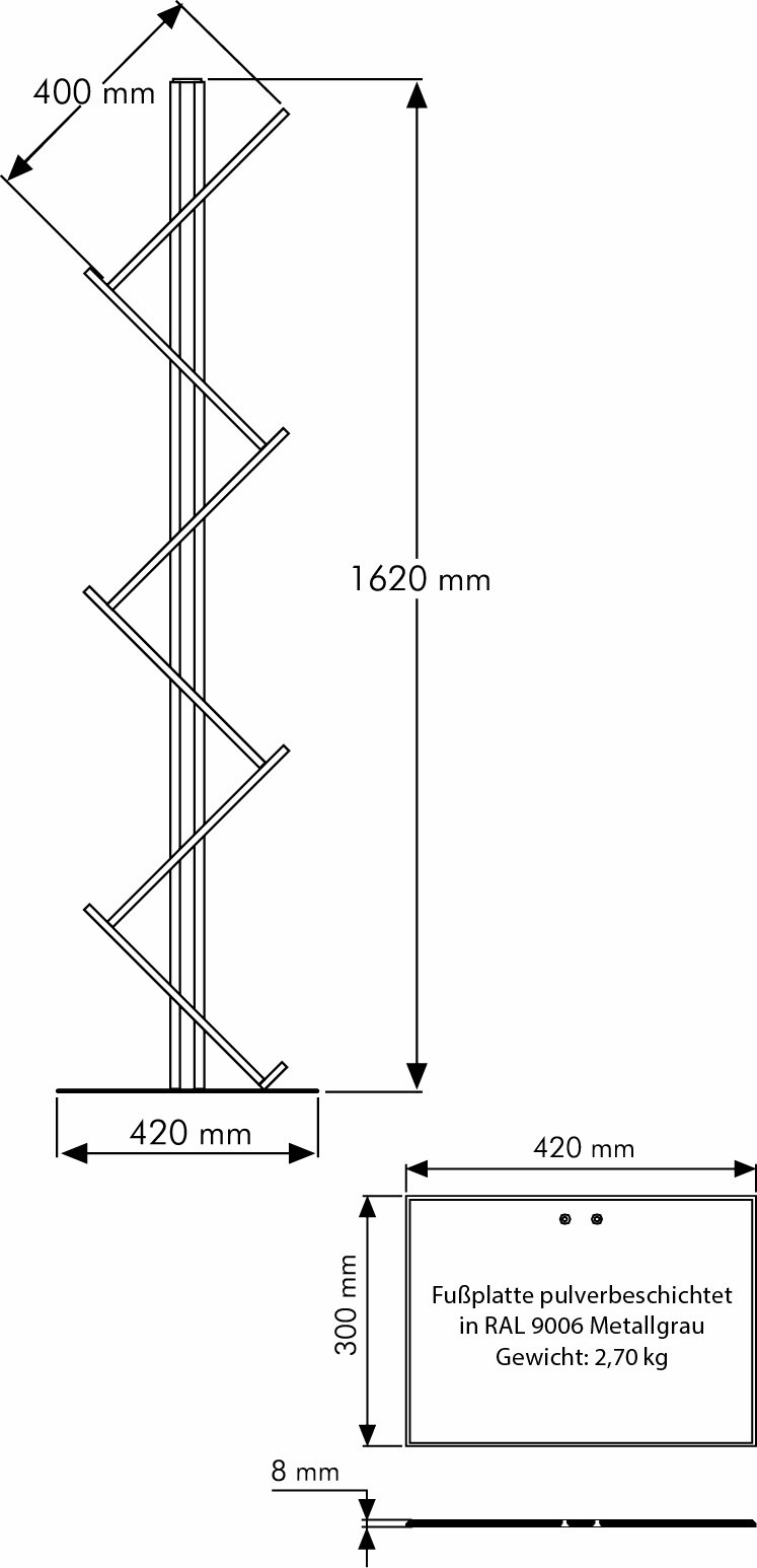 Prospektständer, 6 Fächer DIN A4, BxTxH 300x420x1620 mm, silber