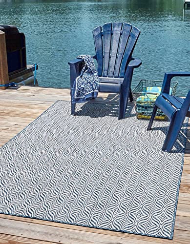Unique Loom Outdoor Trellis Collection Area Rug - Deco Trellis (6' 1 x 9' Rectangle, Blue/ Ivory)