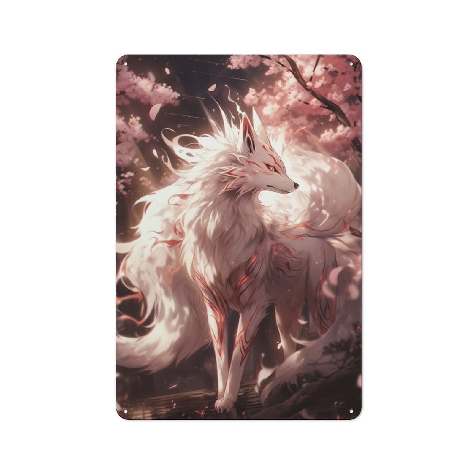 Junmoney Style-21 Retro Metal Wall Sign 30X20cm With Fox Spirit In Cherry Blossom Forest For Bar Or Restaurant, Gift Idea For A New Home And Metal Sign Collection