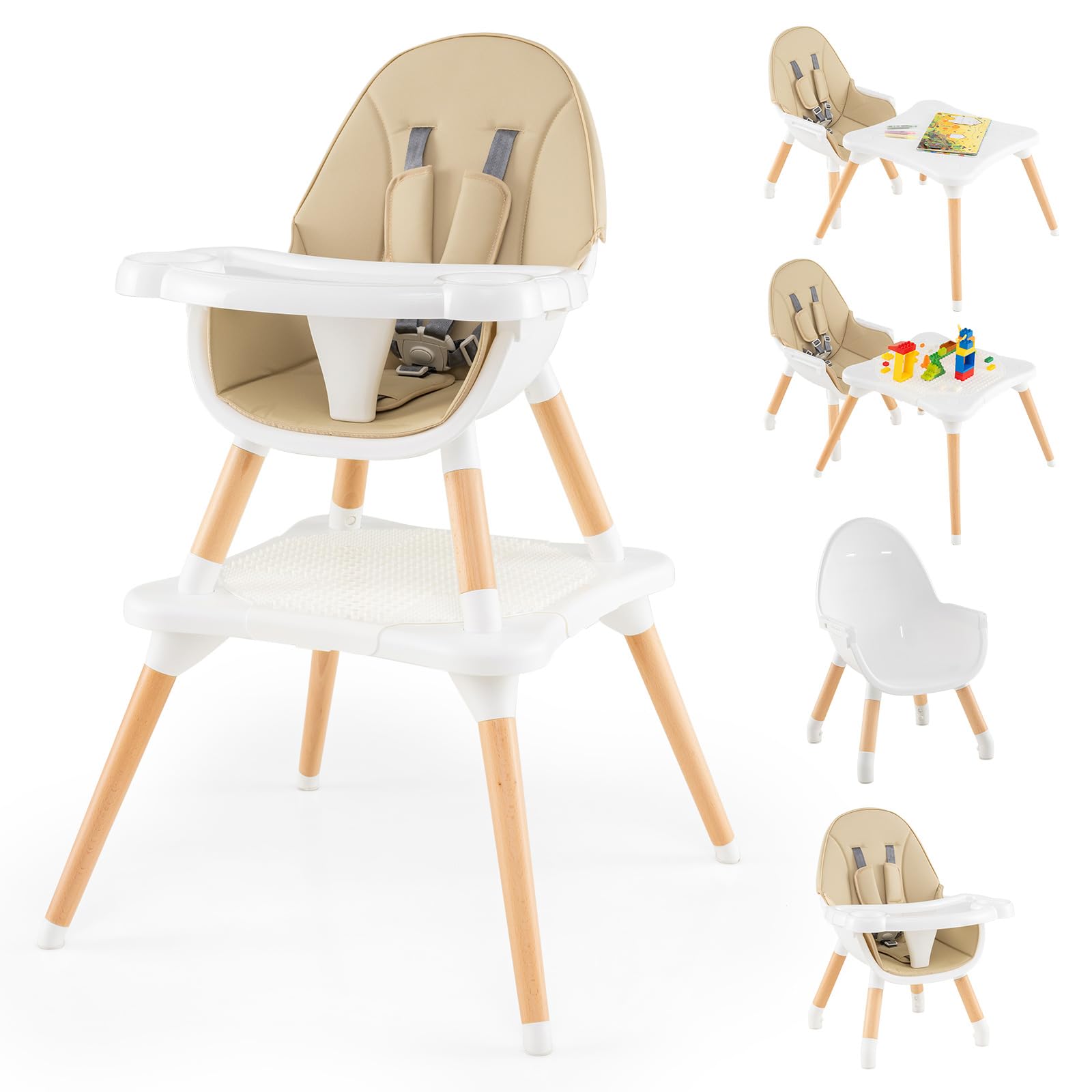 LIFEZEAL Trona para Bebé, Silla de Comedor 6 en 1 con Cojín de Asiento Extraíble, Arnés de Seguridad, Asiento Infantil con Bandeja Extraíble y Tabla de Bloques para Bebé de 6 a 36 Meses (Caqui)