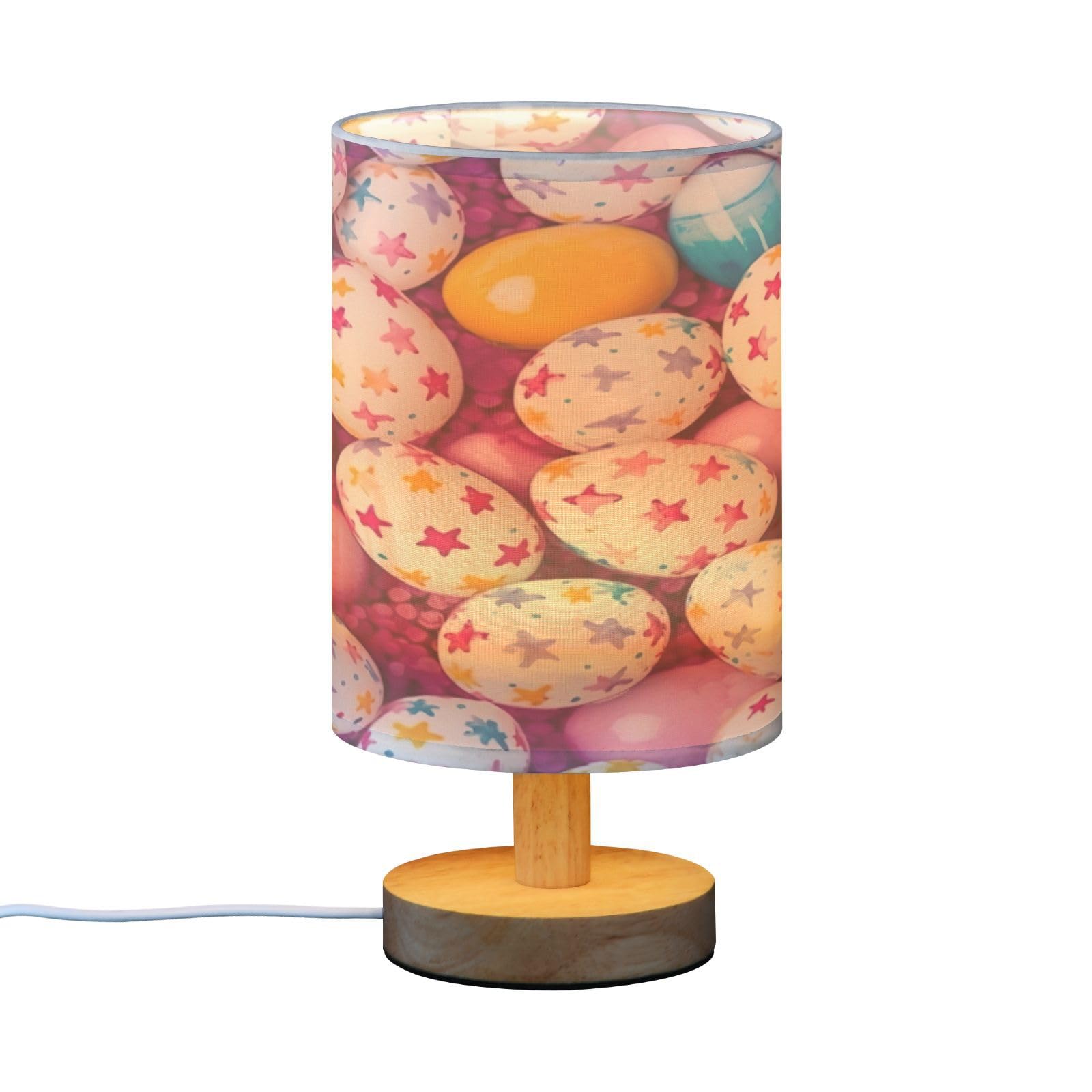 SDMKA Easter Pattern Bedside Table Lamp for Bedroom, Minimalist Nightstand Lamp with Round Fabric Shade for Living Room, Office, No Bulb Required