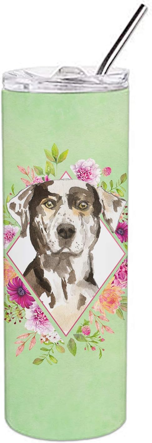 Caroline's Treasures CK4409TBL20 Catahoula Leopard Dog Green Flowers Stainless Steel 20 oz Skinny Tumbler Vacuum Double Walled Reusable Insulated Tumbler Travel Cup for Coffee Cocktails Gift with Lid,