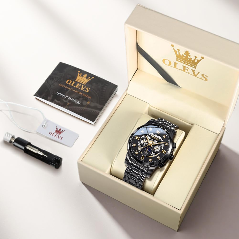 OLEVS Mens Automatic Watch Skeleton Diamond Luxury Mechanical Self Winding Dress Wrist Watch Waterproof Luminous