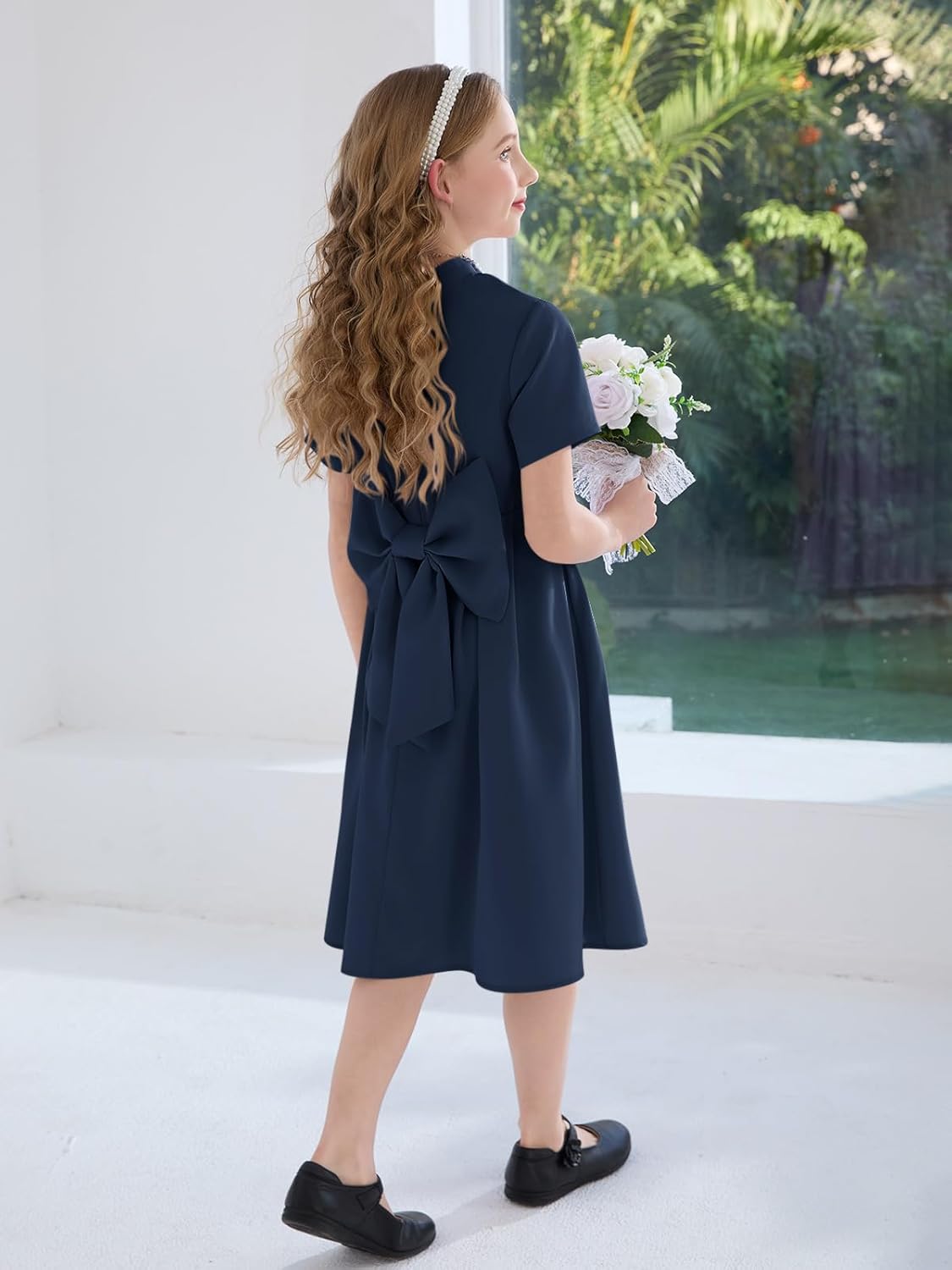 Haloumoning Girls Dresses Kids Back Bow Mock Neck Short Sleeve A-Line Wedding Party Midi Dress with Pockets 5-14Y - Image 4