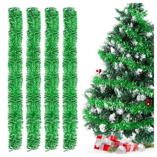 Bluelves Guirlande de Noel Sapin, 4pcs Guirlandes Tinsel Noël, Guirlande Sapin 3m, Guirlande Tinsel Métallique Scintillantes pour Mariage Anniversaire Fête Murs Fenêtres Sapin Decoration Noël - Vert