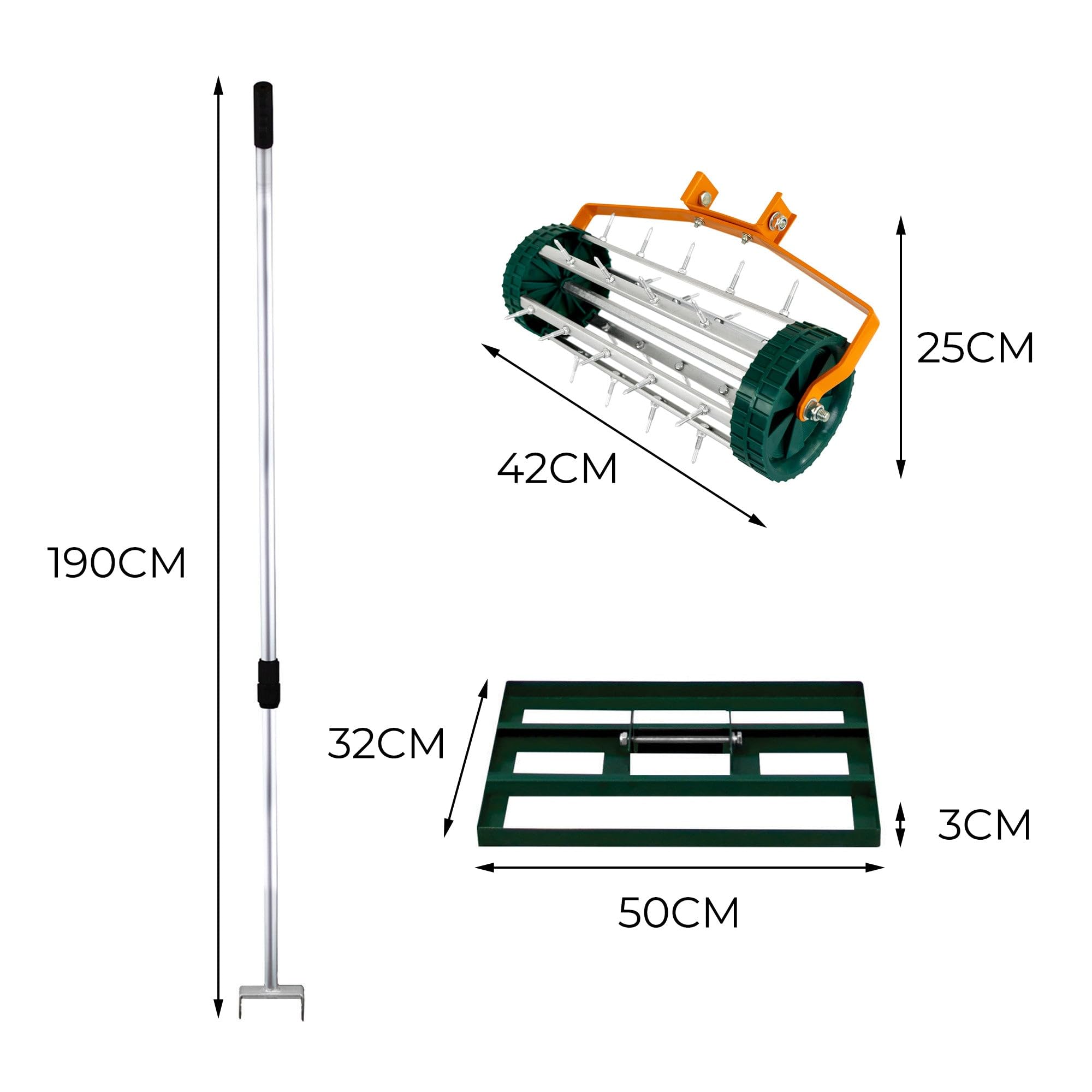 SET Nivelador de Césped 50x32cm + Aireador Manual Rodante de Césped 42cm ancho (Púas 3.8cm) | VERDE| Acero | Mango Extensible 1.15-1.9m | Aluminio | Jardinería Paisajismo Cultivo Exteriores