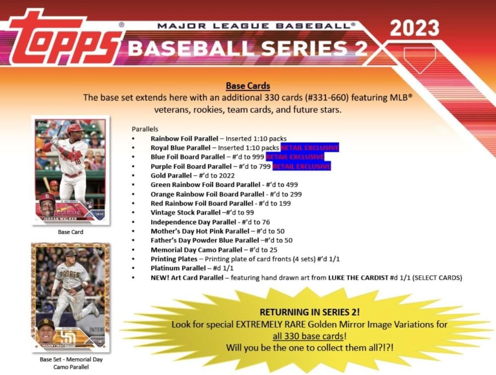 2023 Topps Series 2 Baseball Factory Sealed Retail Box 24 Packs Chase possible rookie cards autographs, and relics. See Scans for more info on this great product.