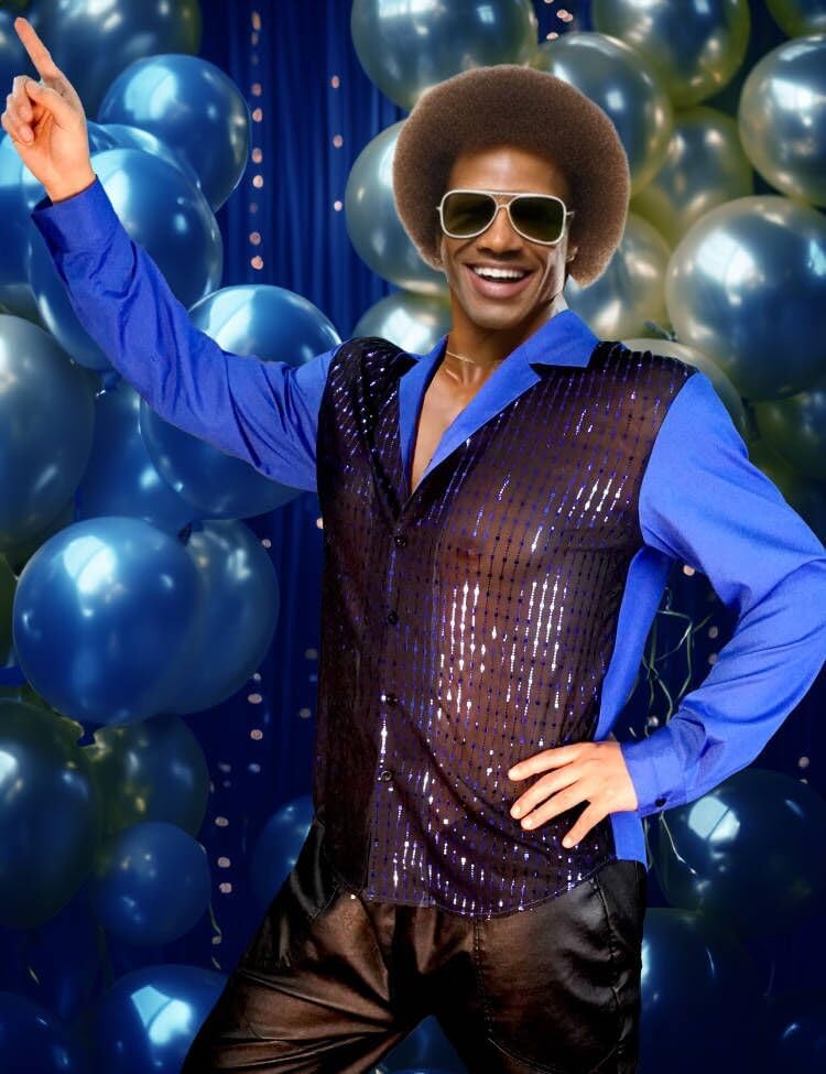 Mens Mesh Sequins See Through 70s Disco Long Sleeve Button Down Shirts - Image 2