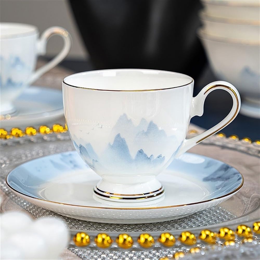 Hochwertiges Kaffeetassen- und Untertassen-Set, handgezeichneter Goldrand, hochwertiges Knochenporzellan, Teetassen, chinesische Tuschemalerei, Teeset, Kaffeetasse