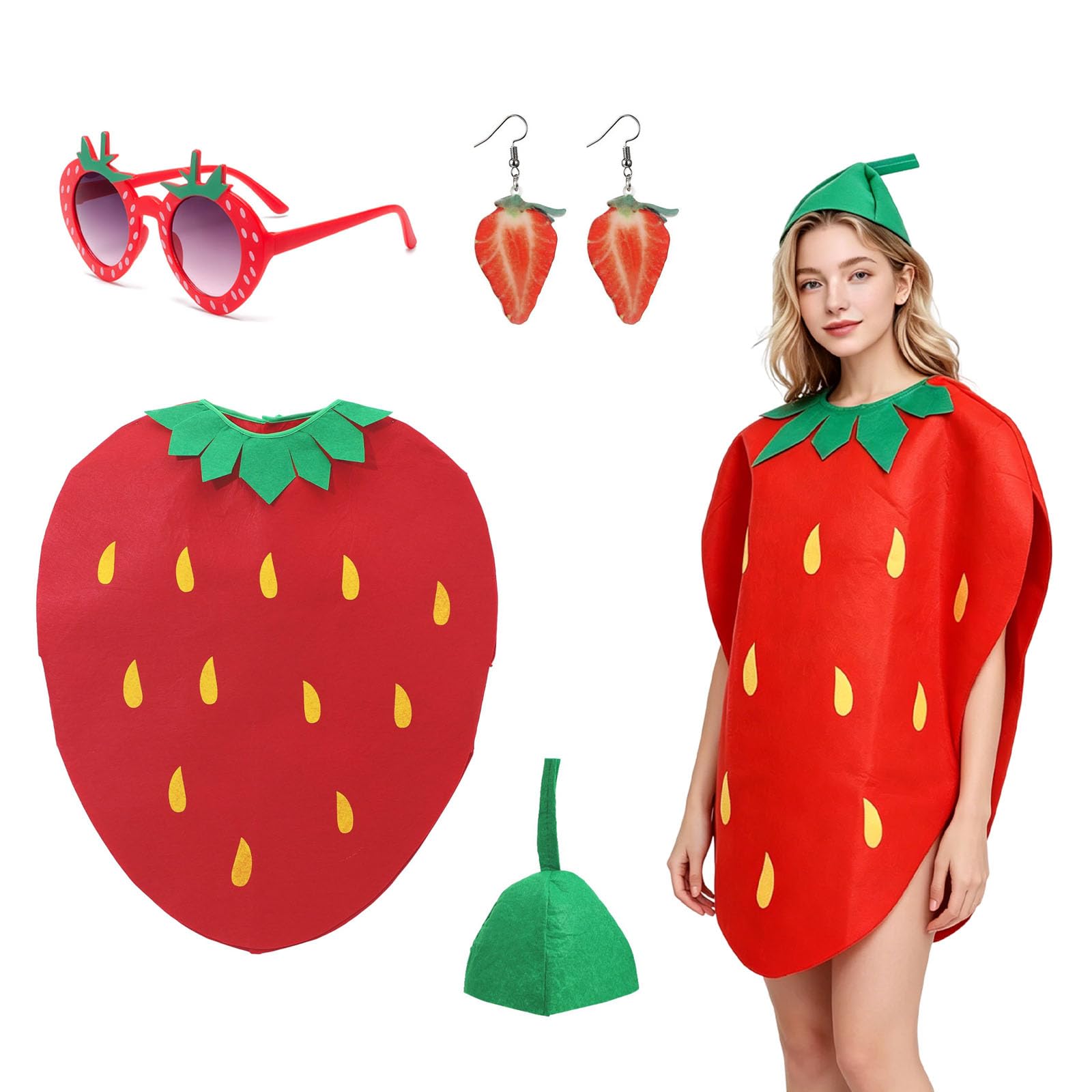 YZDZSW 4Pcs Strawberry Costume Set, Fancy Dress for Adults Women, Funny Fruit Costume with Hat, Glasses & Earrings, Red Adult Costume for Parties Cosplay