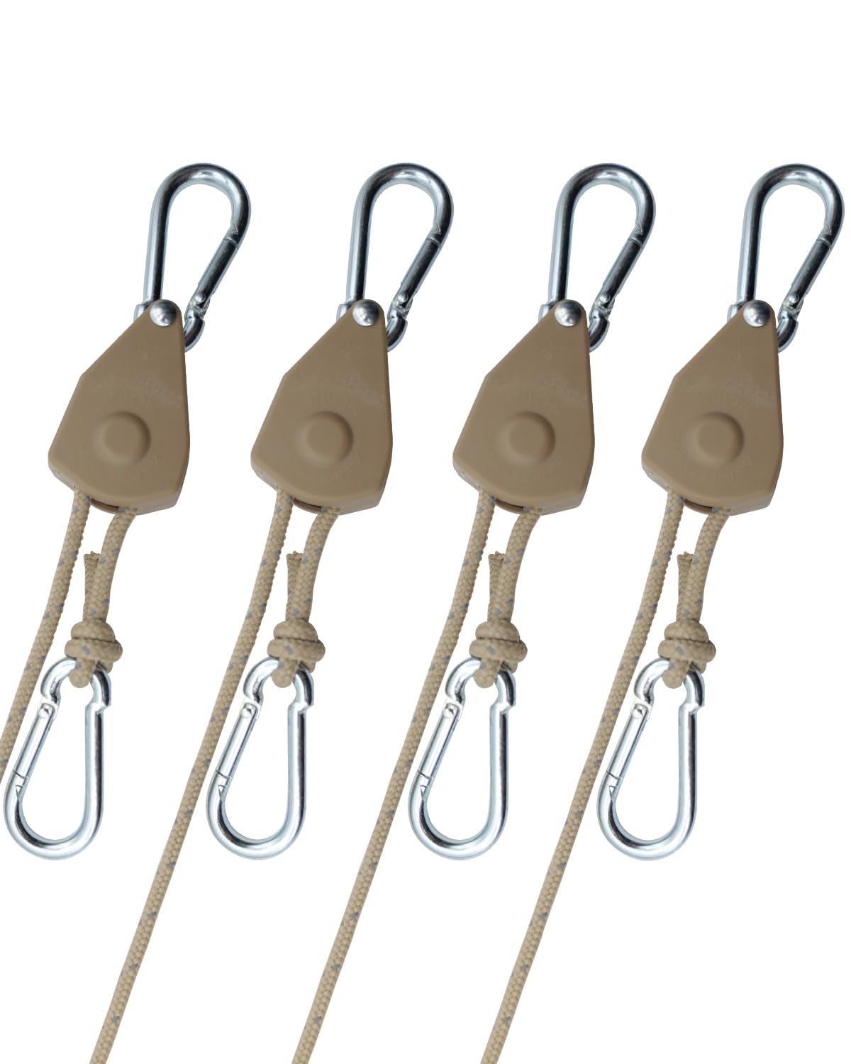 4Pack Retractable Ratchet Tie Down Straps, 16Ft 1/4" Adjustable Rope Hangers, Heavy-Duty Kayak Pulley System with 2 Carabiner Hooks, for Canoe, Roof Rack Loads, Camping Gear, Desert Khaki