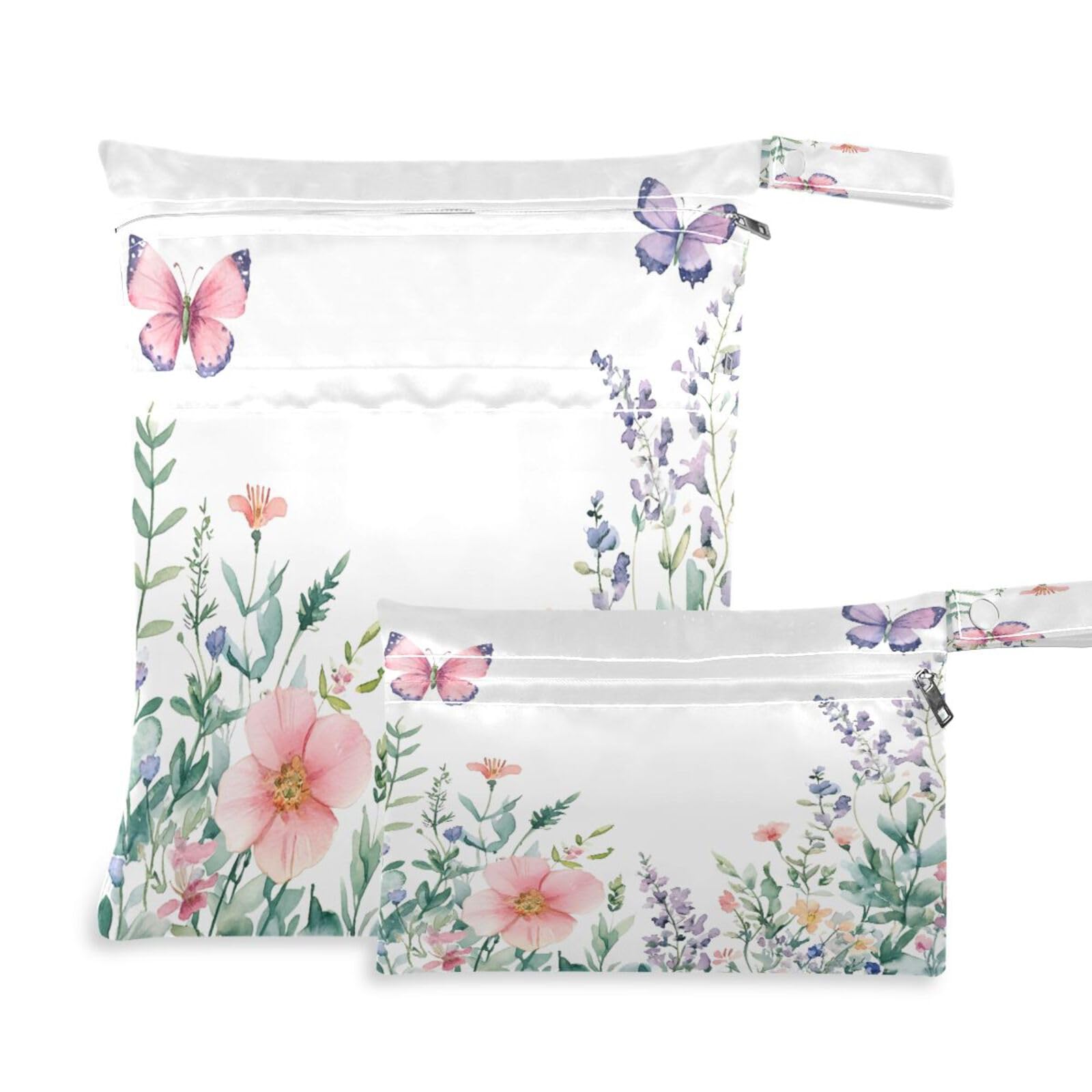 ATTX Wildflowers and Butterflies Wet Dry Bags 2-Pack - Reusable Cloth Diaper Storage for Travel, Beach & Gym | Multi-Use Waterproof Bags for Swimsuits, Baby Clothes, Sports Gear#487