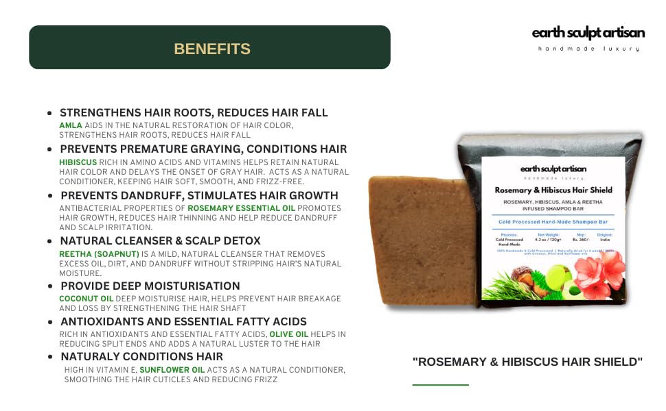 Image of Rosemary & Hibiscus Shampoo Bar for Hairfall & Dandruff Control | Handmade, Cold Processed with Amla, Reetha & Tea Tree Oil | Sulphate & Paraben Free -120g
