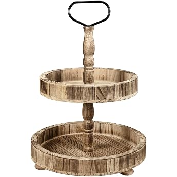ENUODA Fruit Stand 2 Tiers Vintage Decorative Wooden Tray Cake Stand Coffee Table Cake Stand Round Decorative Tray with Handle Country House Style Decorative Cake Plate Fruit Stand Ideal for Dining Table Decoration