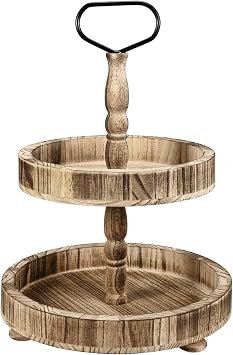 ENUODA Fruit Stand 2 Tiers Vintage Decorative Wooden Tray Cake Stand Coffee Table Cake Stand Round Decorative Tray with Handle Country House Style Decorative Cake Plate Fruit Stand Ideal for Dining Table Decoration