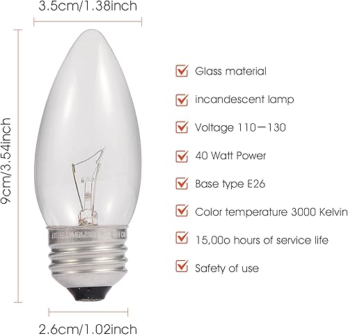 Miniatura 2 de SCOMX Candelabro incandescente de 40 W con punta de torpedo de energía equivalente a la lámpara con bombillas incandescentes transparentes y base