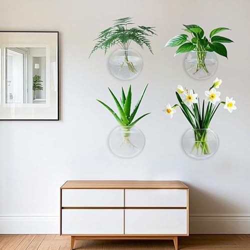 5.1" Round Flat Hydroponic Plant Terrariums with Hooks, Wall Hanging Glass Planters Set of 4, Transparent Wall Mounted Propagation Vases for Hydroponics, Air Plants, and Home Decor