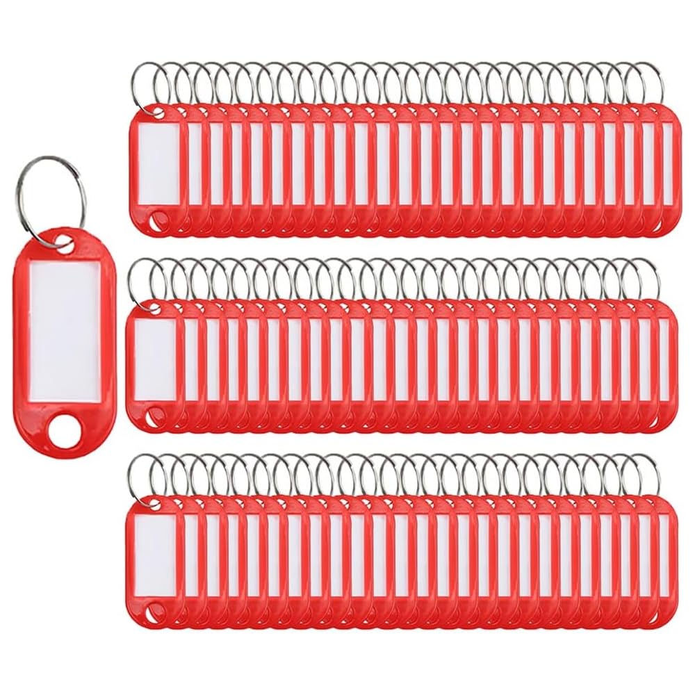 SagaSave 100 Pieces Keyring Tags Key Labels Plastic Key Fobs ID Tags Key Rings Luggage ID Name Key Rings with Split Keyring Key Labels Keychain Rings (Red)