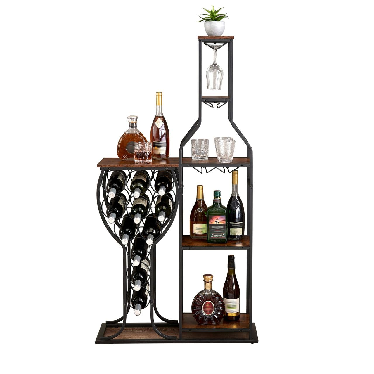XMRCLP 5 Tier Wine Rack Freestanding Floor Wine Bakers Rack with Wine Glass Holder and Storage Shelves, Wine Display Stand for Liquor and Wine Storage for Kitchen, Dining Room, Black