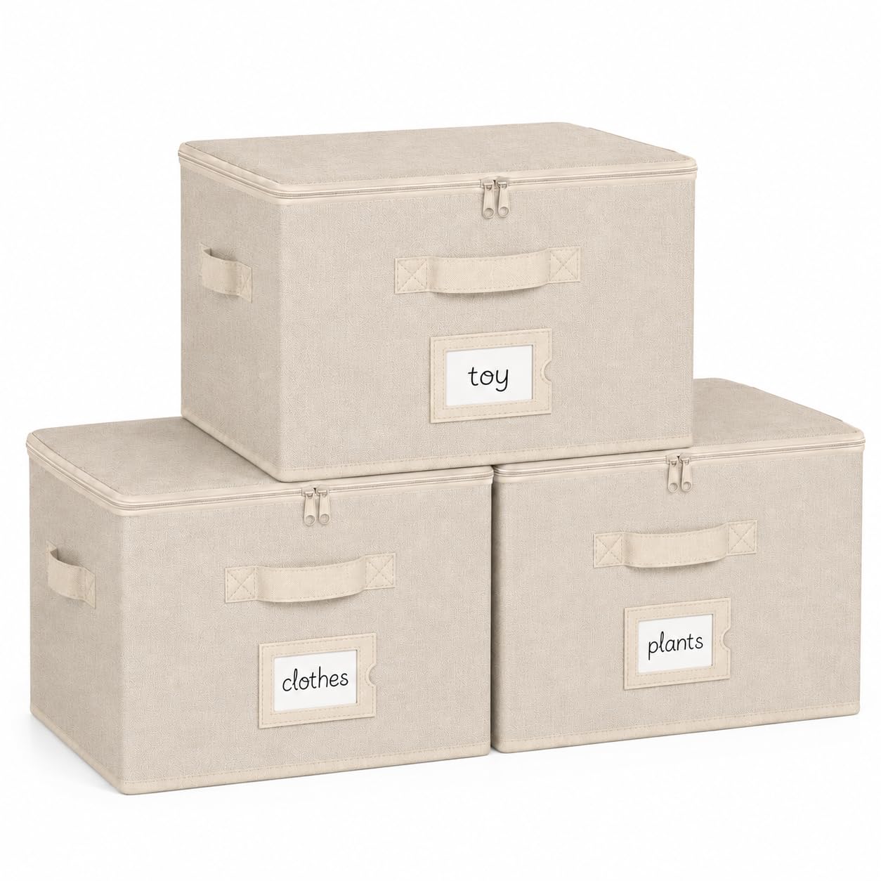 BrilliantJo Storage Box with lid set of 3, Large Clothing Storage Basket with Handles and Label Holder Fabric Organiser for Wardrobe Closet 40 x 30 x 25 cm Beige