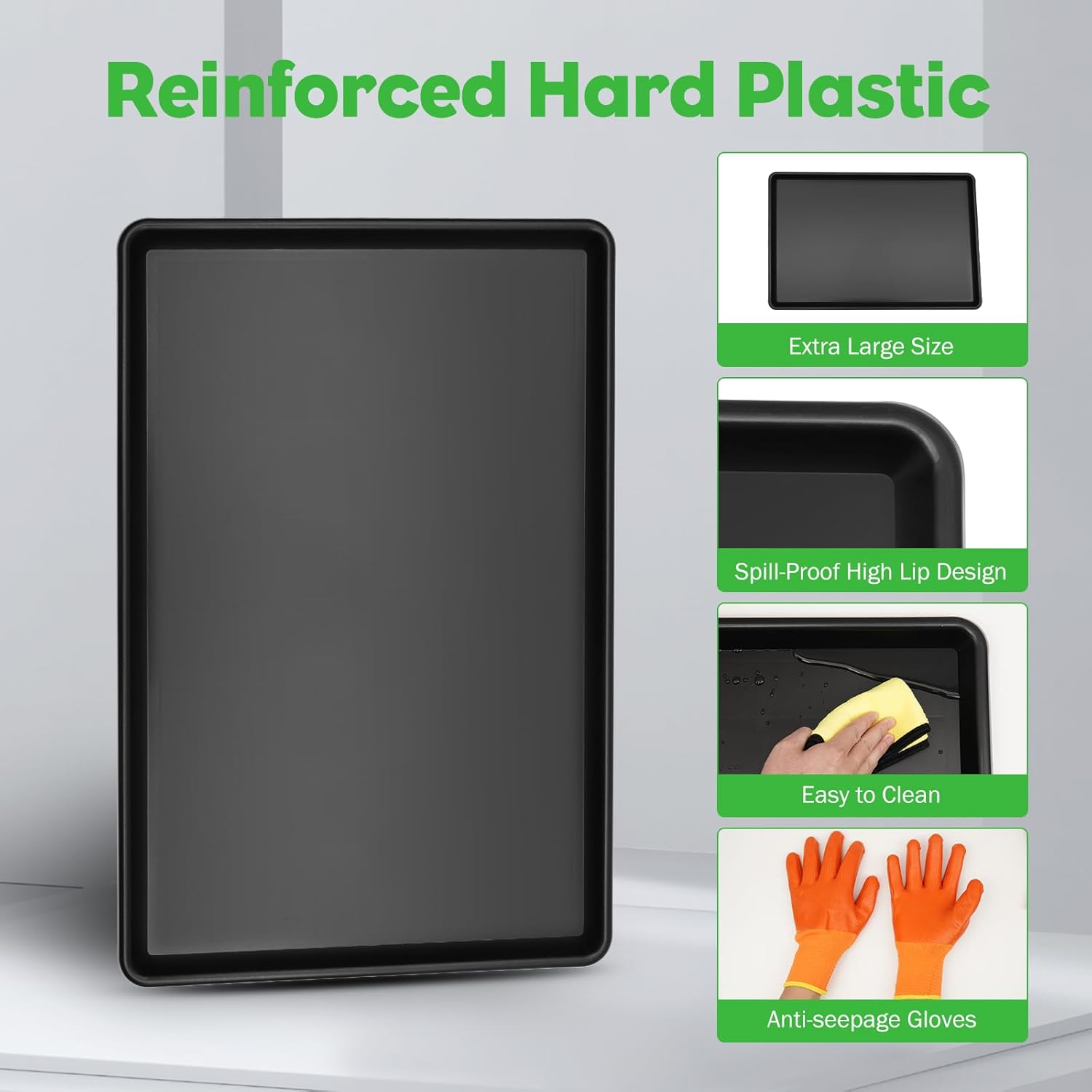 3 Pack Oil Drain Pan 35.4"x24"x1.6" with 2 Pairs Gloves, Leak Proof Hard Plastic Oil Drip Pan, Anti-Static Oil Catch Pan for Car Garage Driveway Floor Protection(Black)