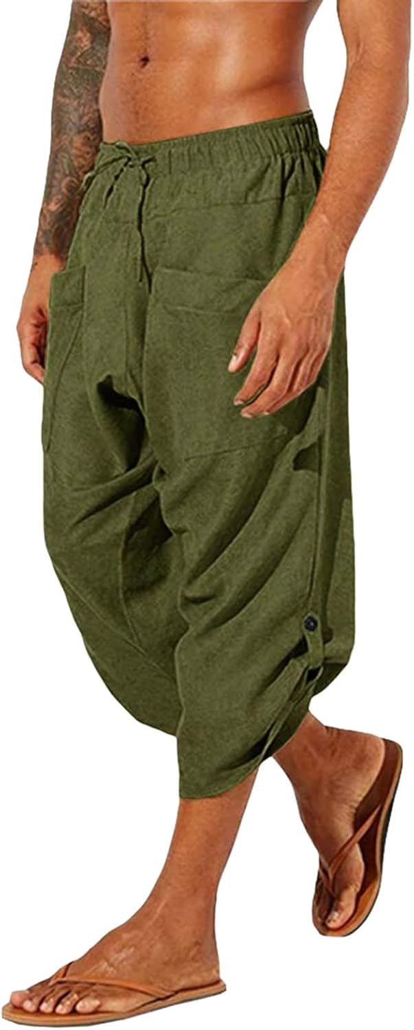 Cicilin Men's Cotton Linen Pants Drawstring Loose Casual Boho Yoga Pants Beach Trousers