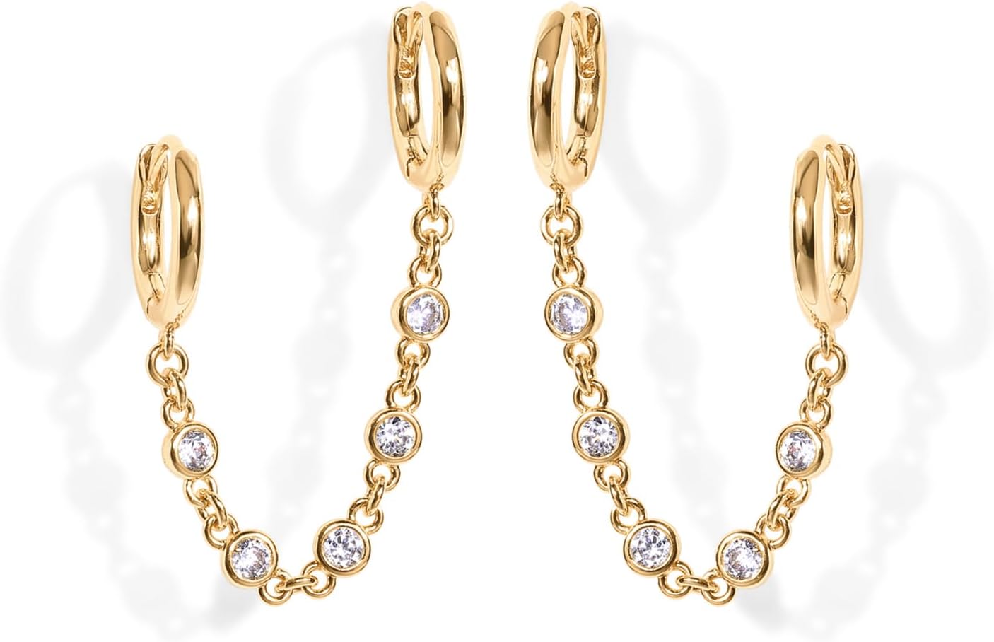 PAVOI 14K Gold Chain Earrings for Women | Double Piercing Dangle Chain Huggie Hoop Earrings | Cubic Zirconia Pearl Stud Ear Cuff Earrings for Women