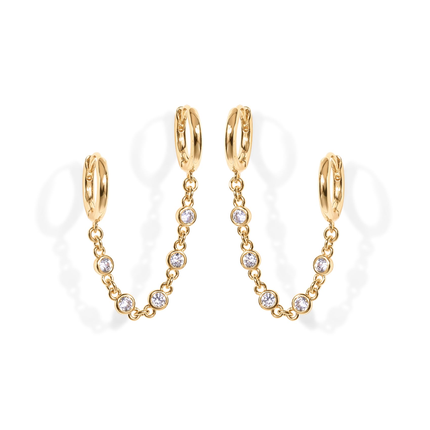 PAVOI 14K Gold Chain Earrings for Women | Double Piercing Dangle Chain Huggie Hoop Earrings | Cubic Zirconia Pearl Stud Ear Cuff Earrings for Women