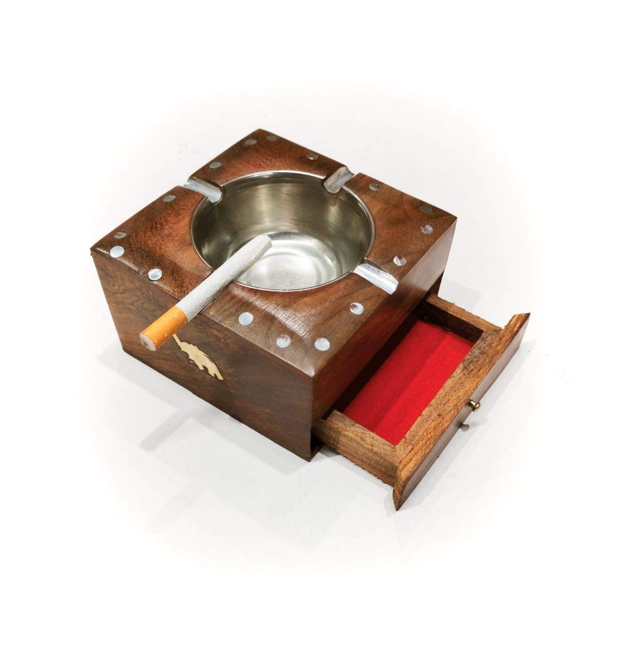 Delux Wood Carver Wood Cigarette Ashtray // Wooden Ashtray with Cigarette Storage Case Box Drawer-image-1