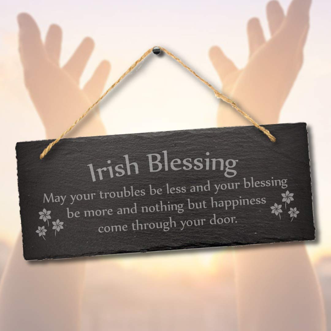 Stukk Natural Engraved Slate Stone Plaque Irish Blessings May Your Trouble Hanging Gift Home Decor Sign, 30X12cm