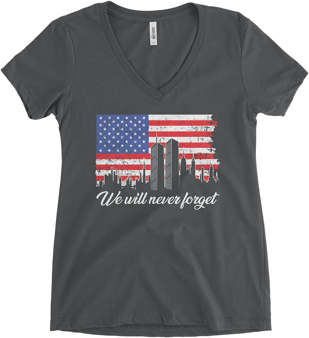 Threadrock Women's We Will Never Forget 9/11 V-Neck T-Shirt